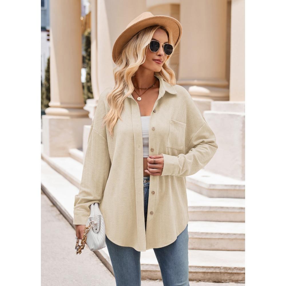 Autumn and Winter Casual Loose Pocket Waffle Fashion Women's Blouses & Shirts