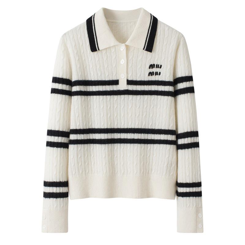 

Women s 100% Pure Cashmere Striped Turn-Down Collar Sweater XL