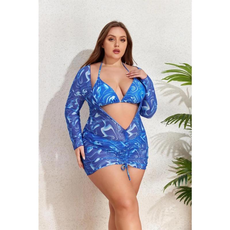 2025 Print 3 Piece Long Sleeve Smock Plus Size Push Up Bikini Women High Waist Big Swimsuit Beach Chubby Bathing Suit