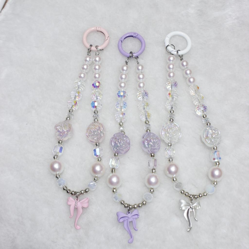 Phone Wrist Strap Short 26cm Flower Bow Accents Beaded Phone Bracelet Strap