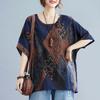 Summer Vintage Cotton Linen Women's Blouse Retro Mother Summer Short-sleeved T-shirt Printed Pullover Shirt