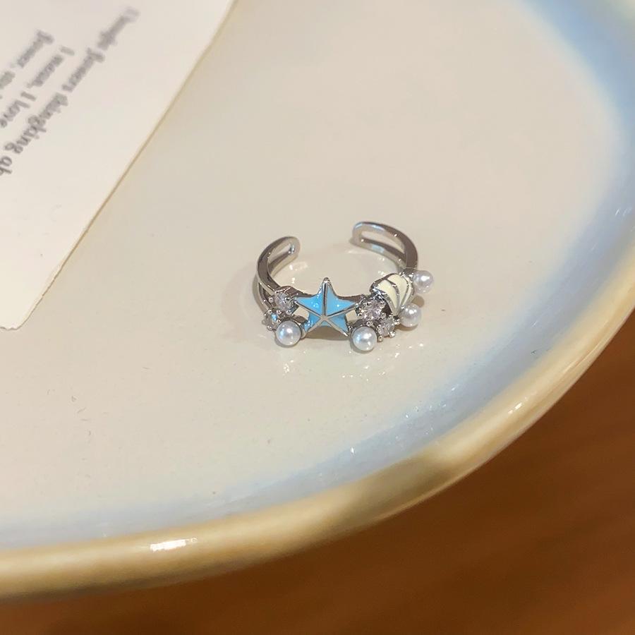 Elegant Zircon Pearl Starfish Enamel Open Ring - Versatile High-End Jewelry