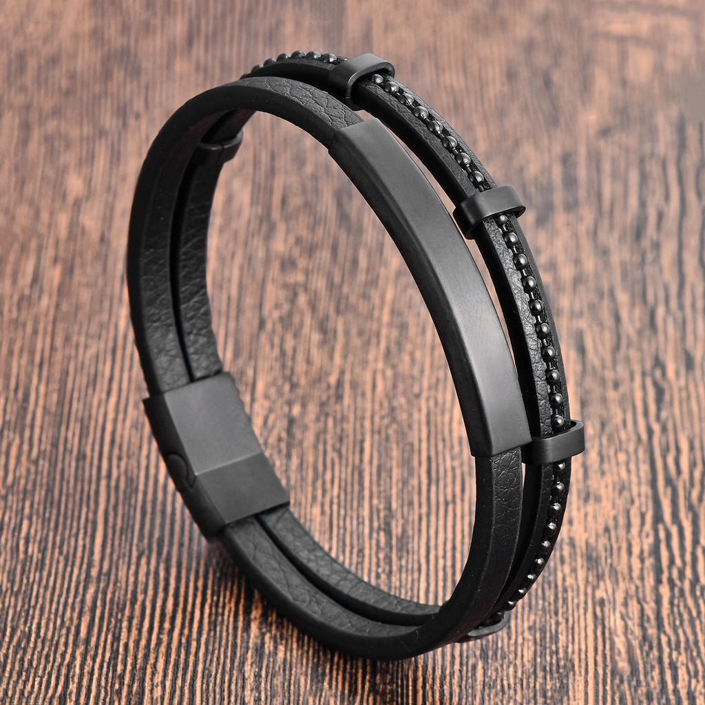 Black Leather Cord Cowhide Men's Double-layer Genuine Leather Woven Bracelet, Handmade Multi-layer Leather Bracelet