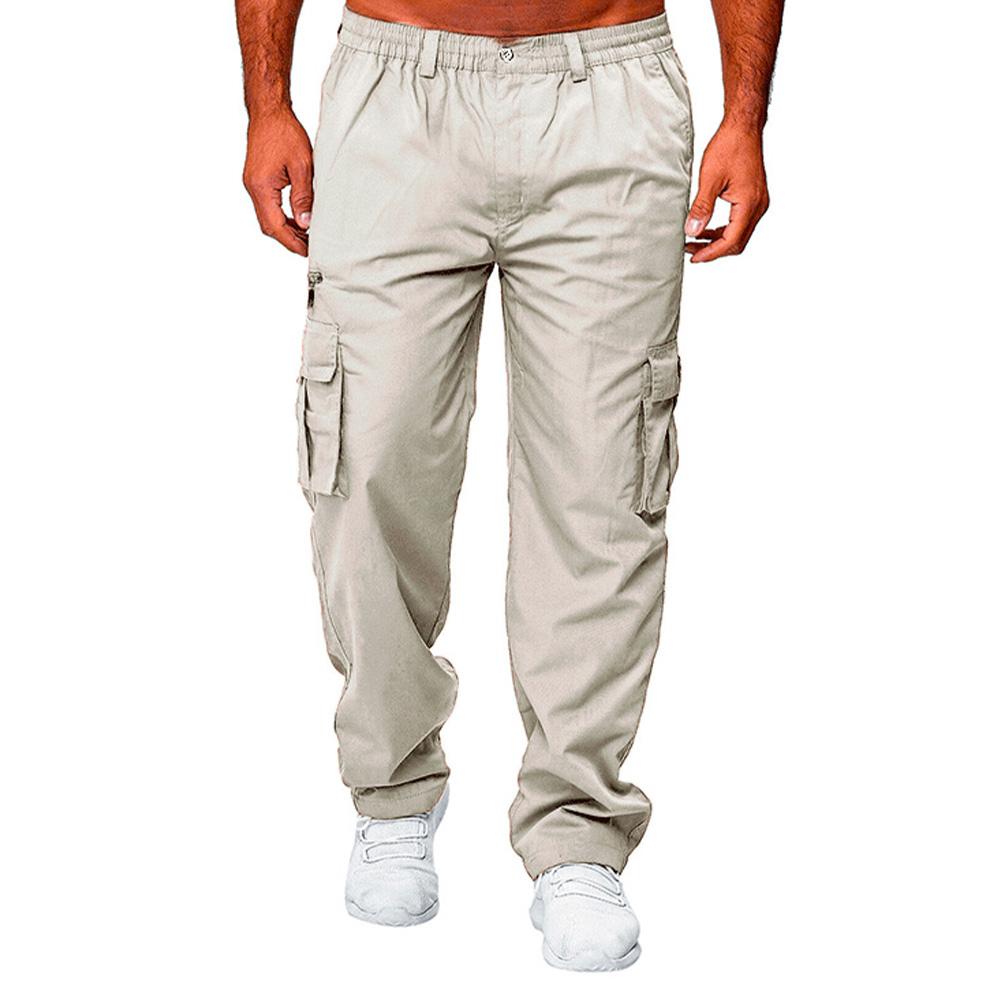 Men Casual Trousers Multi Pocket Cargo Pants Middle Waist Solid Color Loose Clothes Outdoor Sports Long Pants