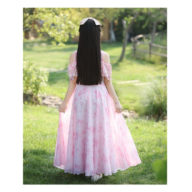 Girls Floral Print Princess Long Dress Kids Summer Casual Beach Dress