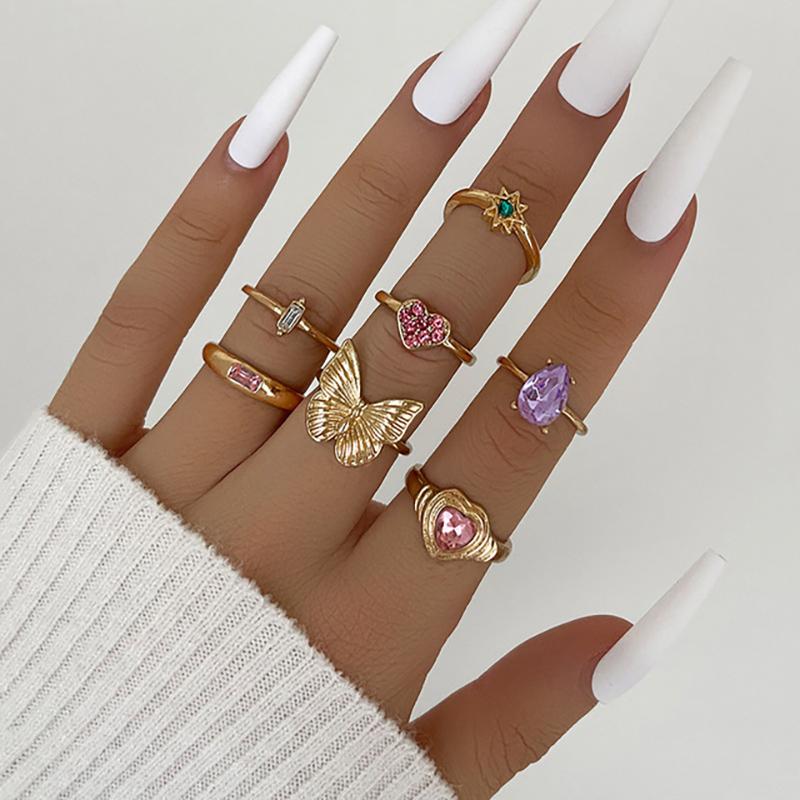 

Bohemia Geometric Colorful Enamel Kunckle Ring Set For Women Butterfly Heart Sign Finger Ring Female Daily Jewelry