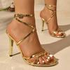 Fashion Gold Silver Patent Leather High Heels Sandals Women Cross Band Thin Heeled Party Sandals Plus Size Ankle Buckle Gladiator Shoes