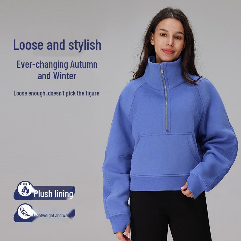 

Fleece-Lined High Collar Half-Zip Scuba Sweatshirt - Warm Casual Autumn/Winter Jacket XS/S grass зелений колір