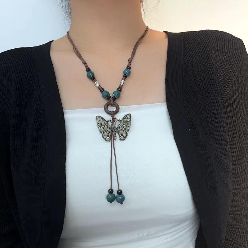 New Chinese style new ethnic style butterfly long necklace sweater chain antique clothes pendant necklace