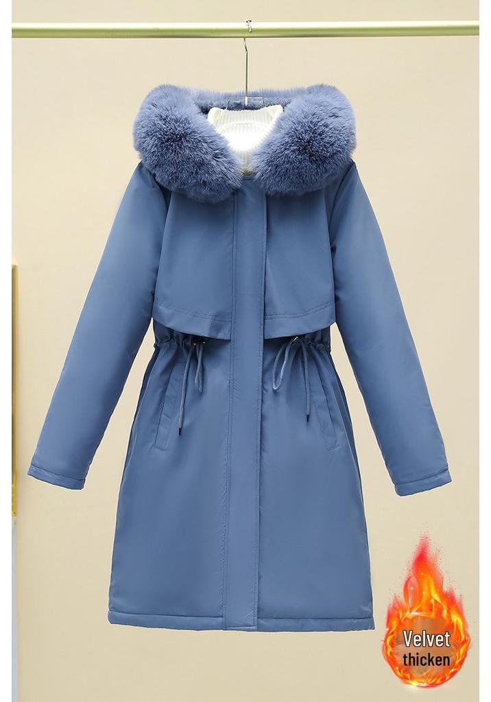 Women's Mid-Length Winter Parka: Thickened Velvet, Korean Style, Loose Fit, Large Fur Collar Cotton Jacket