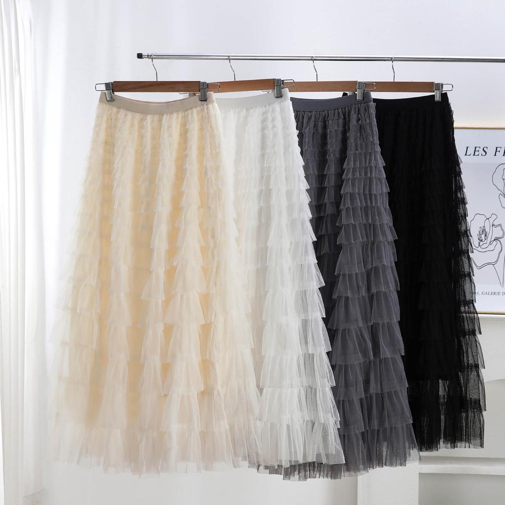 Women's Layered Mesh Gauze Pleated High Waist Long Skirt - Spring & Autumn Style