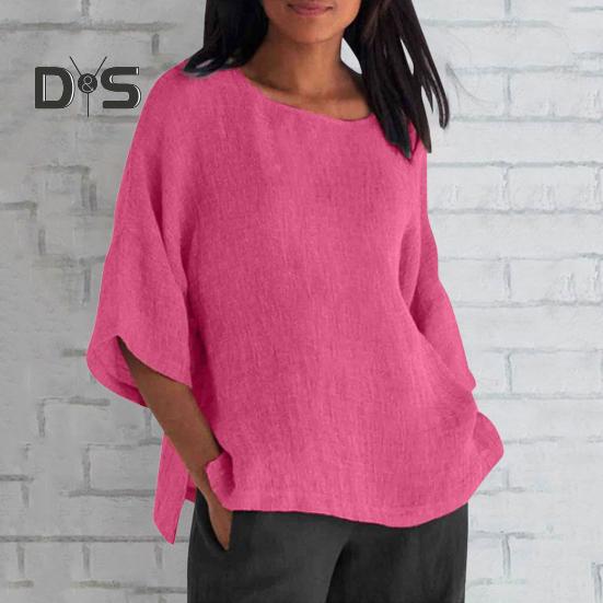 Women Shirt 3/4 Sleeve Casual Crew Neck Solid Color Pullover Tops Loose Fit Vacation Blouse Daily Wear