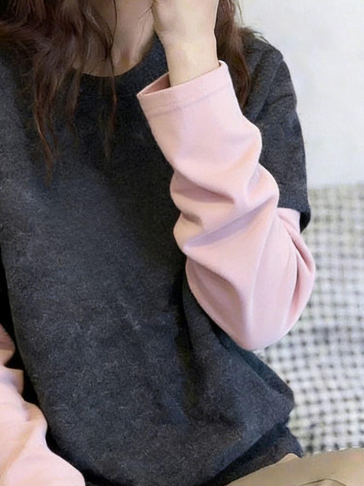 Women's Color Block Patchwork Fleece Long Sleeve T-Shirt - Spring, Autumn, Winter Versatile Slimming Base Layer Top