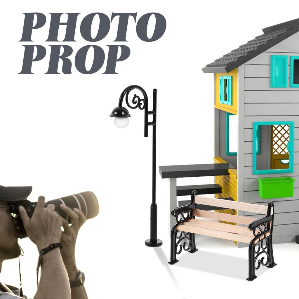 Ifundom Miniature Park Bench Set with Mini Street Light Post for DIY Dollhouse, Miniature Garden Furniture, 9.00 X 3.00 X 1.00cm, Desktop Decor