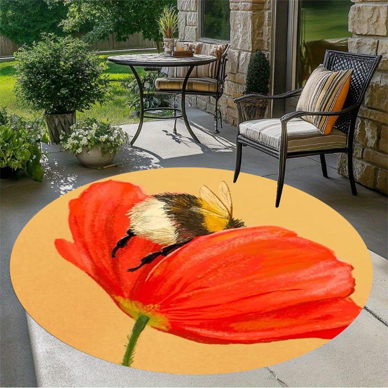 

Whimsical Bumblebee Reading Book Floral Print Round Rug Washable Non-Slip Indoor Outdoor Rug for Patio Living Room Bedroom Decor 80cm x 80cm