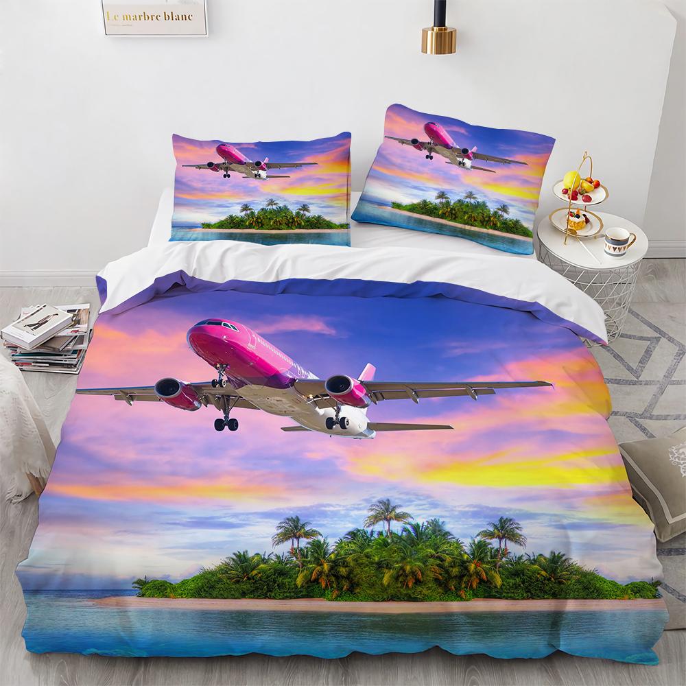 3D Flygplan Kung Drottning Påslakan Rosa Passagerarflygplan Sängkläder Set För Vuxna Himmel Hav Naturlandskap 2/3 st Polyester Täcke