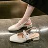Summer New Thick Heel Gentle Temperament Square Head Middle Heel Sandals Women's Shallow Mouth Printing Bag Head Sandals