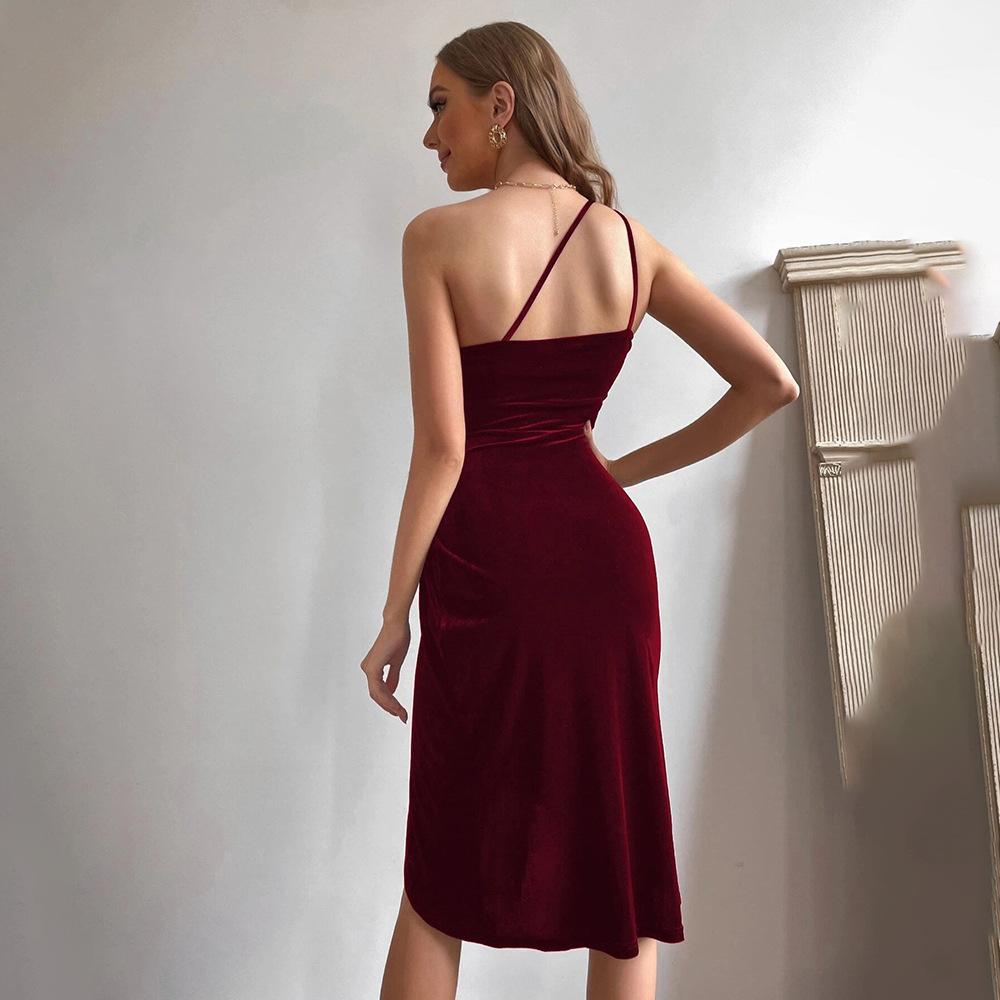 Women's clothing European and American temperament commuter waist irregular skirt slanted shoulder sleeveless velvet dress