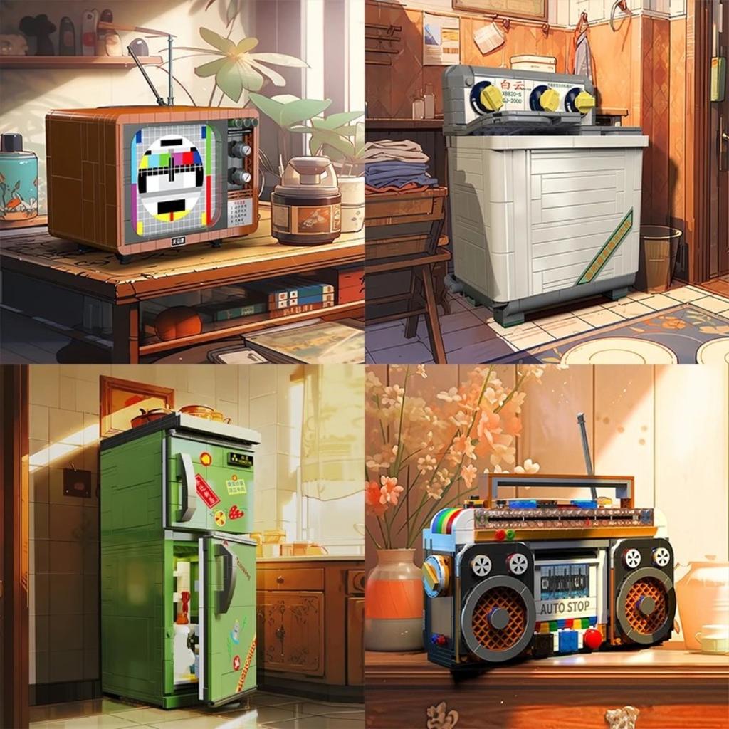 Stadt Mini Retro Haushaltsgeräte Modell Bausteine Fernseher Kühlschrank Radio MOC Spielzeug Ziegel Kinder Geburtstag Geschenk