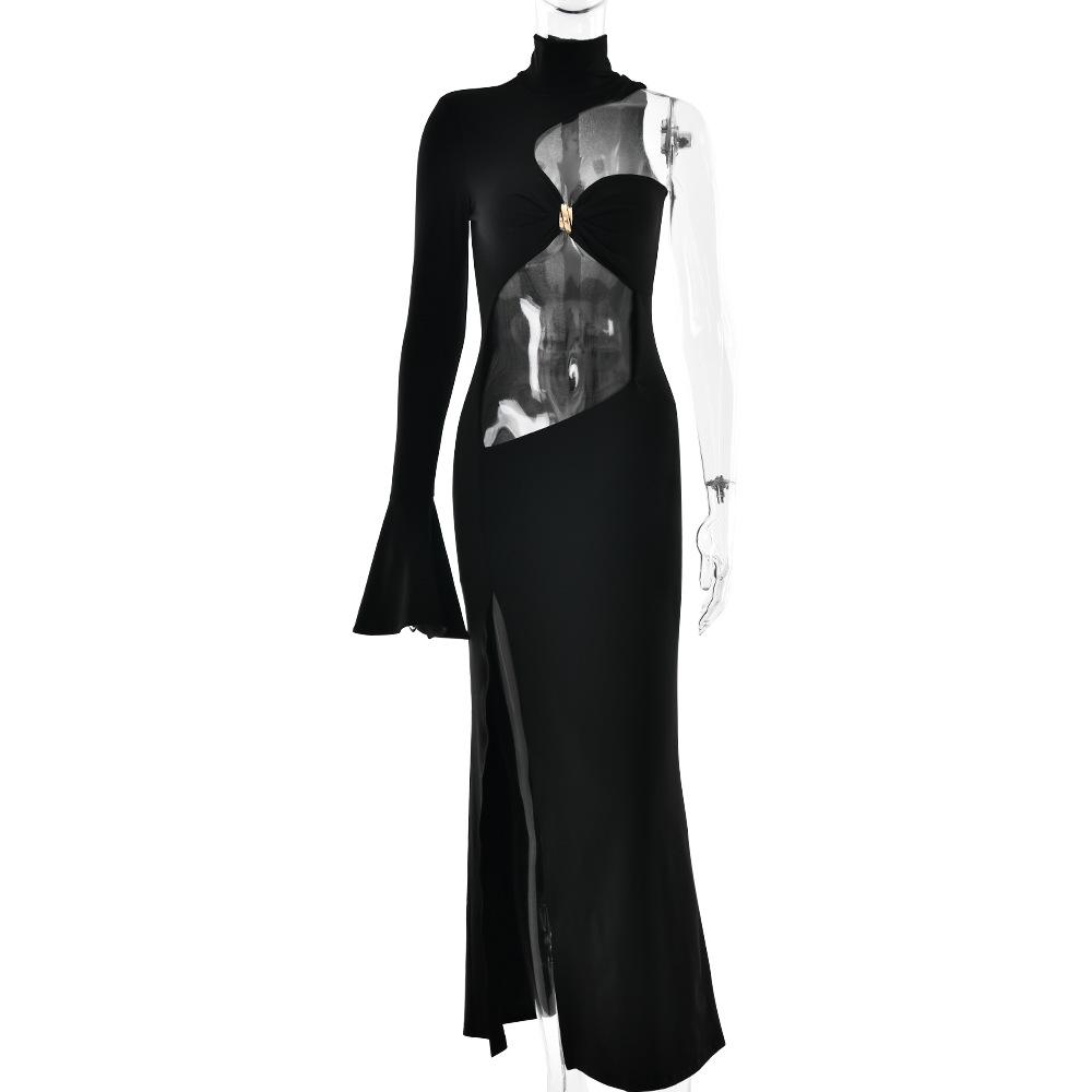 New hollowed-out long dress female sexy high split fork single shoulder exposed navel Spice Girl slim simple dress