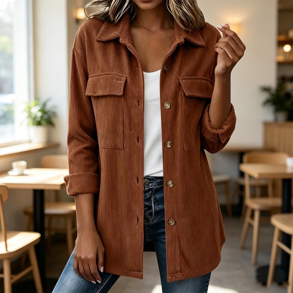 Women's loose corduroy button-down long-sleeved blouse with double pockets