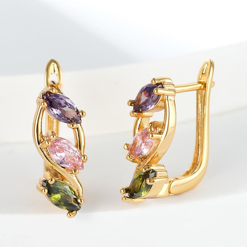 Deluxe Three-color Crystal Zircon Copper Plated Champagne Gold Ear Buckle Holiday Gift Earrings for Women
