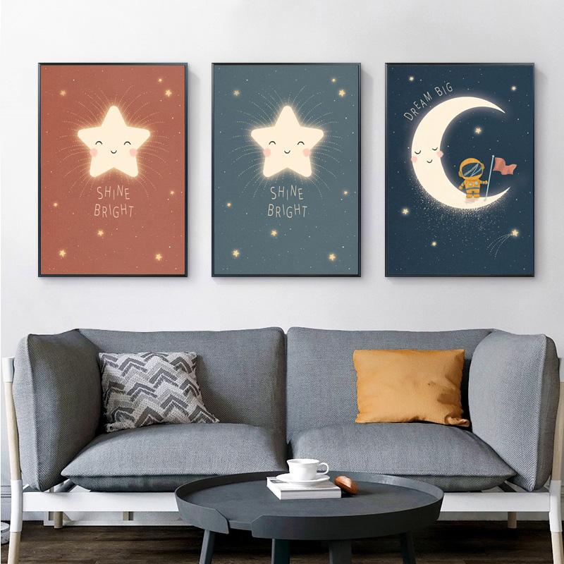 Rocket Stars Moon Kreslené plakáty Reprodukce Nursery Wall Art Malba na plátně Nordic Baby Dětská ložnice Obraz Dětský pokoj Dekor