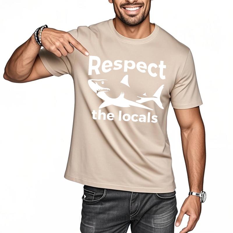 Mens Tshirt Cotton Shirt Unisex Summer Unisex T Shirt Respect The Locals Shark Design Short Sleeve Workout Round Neck Tops
