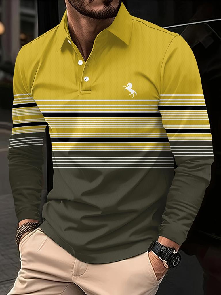 Men's spring and autumn long-sleeved shirt polo men's business casual lapel striped top polo