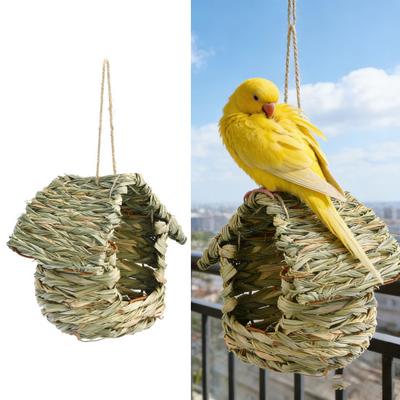 Hand-Woven Hanging Birdhouse Natural Grass Hanging Bird Hut House Shape Bird Shelter for Indoor Outdoor Garden Patio Tree Use