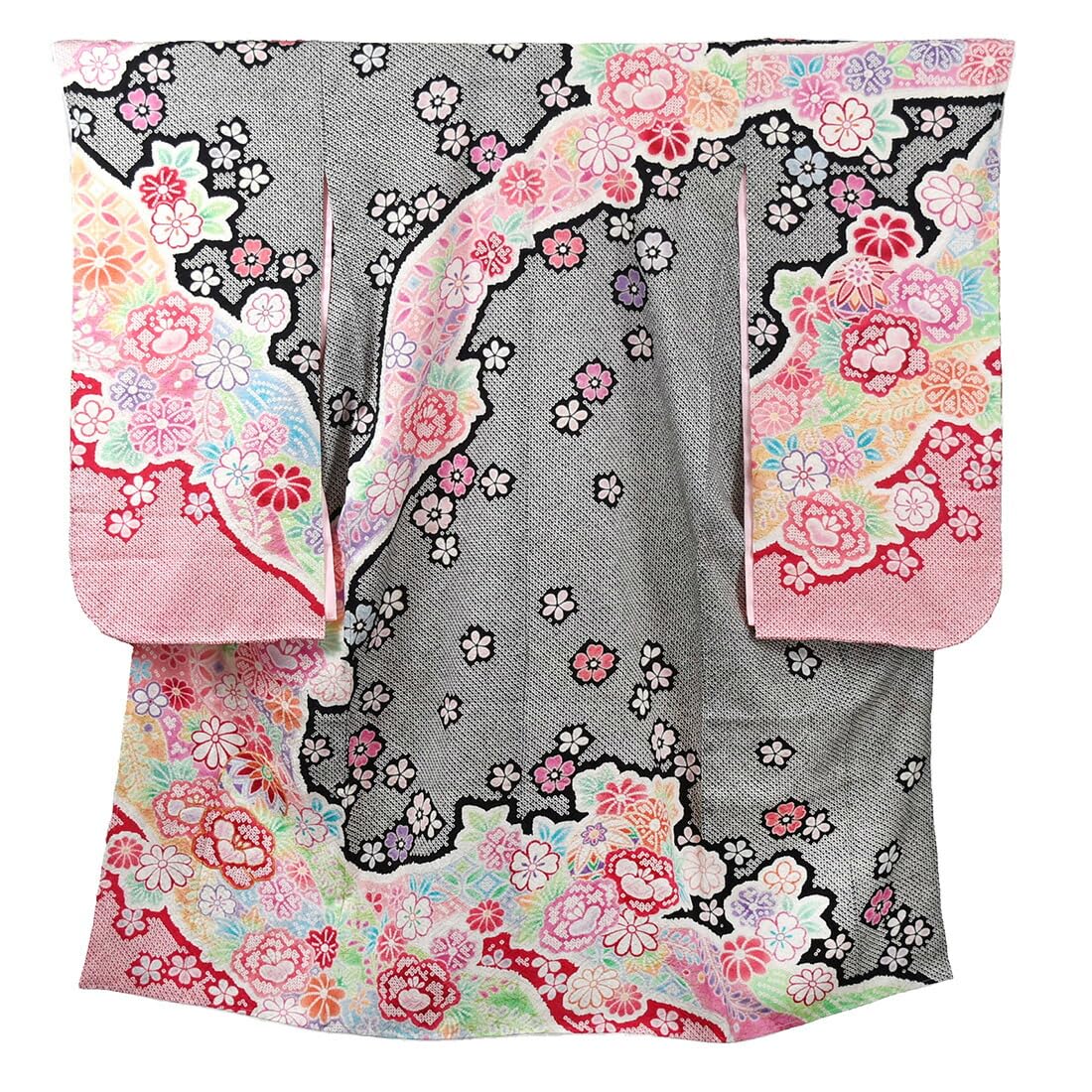 

Kimono 7 Years Old Pure Silk Four Piece All Celebration Four Piece Kimono Long Undergarment Layered Black Shichi-Go-San [Nagomiya] Set, Flowers, чорний
