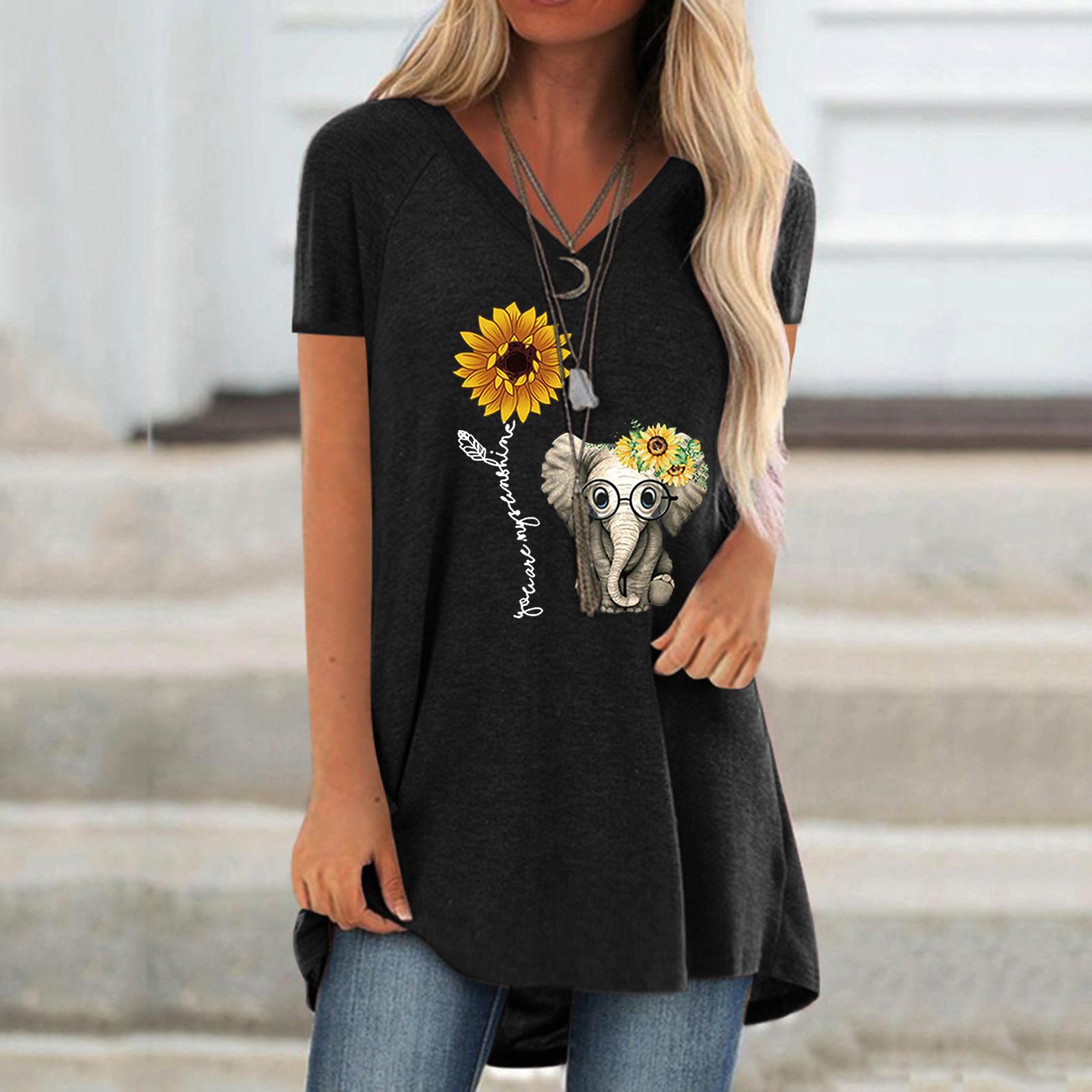 

Women Fashion Plus Size Print V Neck Short Sleeved Long T-shirt Blouse L чорний