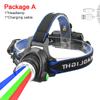 4 In 1 Adjustable Focus LED Headlight Red+Green+Blue+White Zoomable Fishing Front Head Flashlight Torch USB Red Warning Light