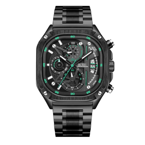 BUREI Men's Rectangular Face Chronograph Quartz Watch, Analog, Waterproof, Date, Stainless Steel, Black, Gift for Men