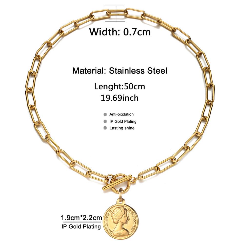 Minimalist Stainless Steel Paperclip Necklace with Round Lady Liberty Pendant & OT Clasp Choker