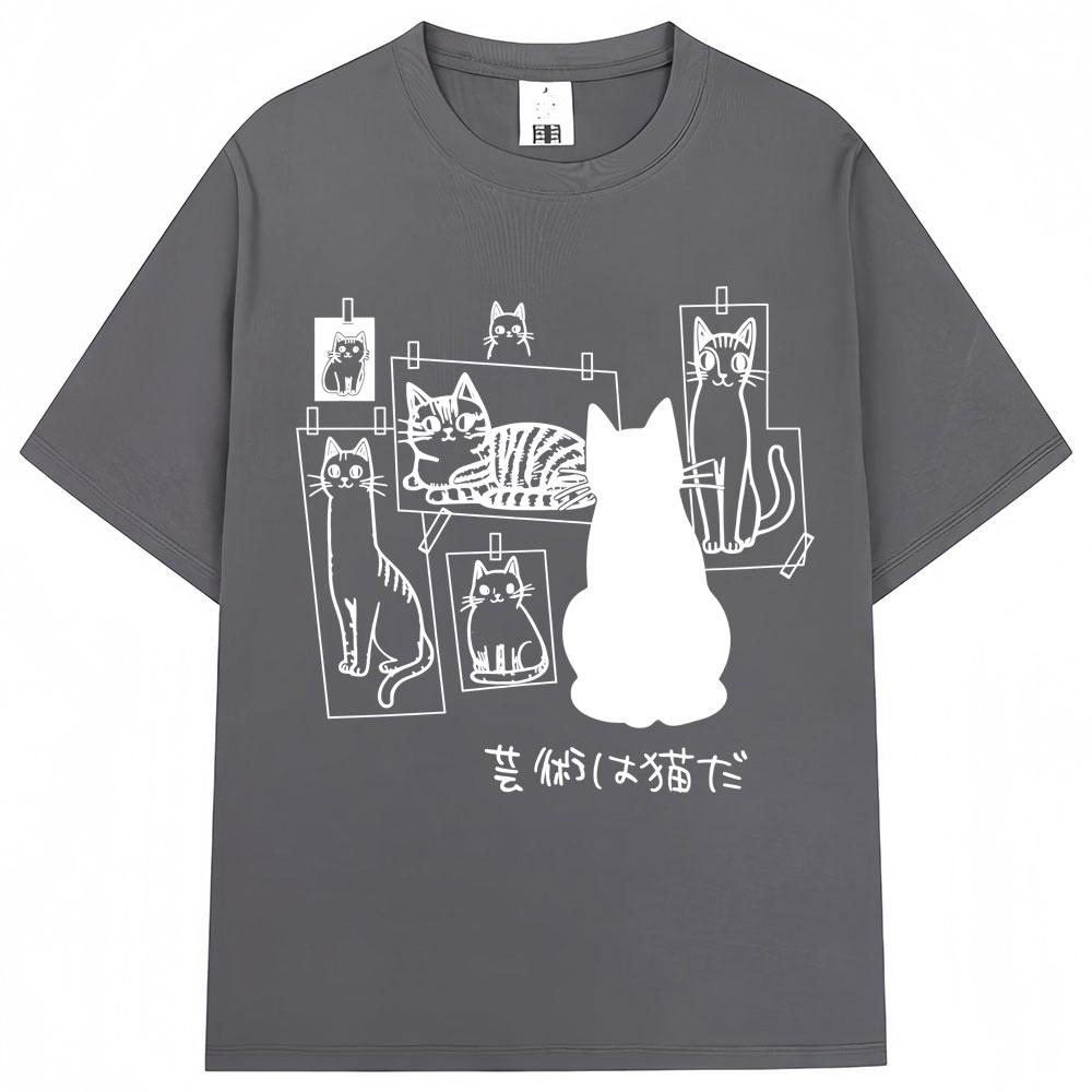 Japanese Funny Black Cat Anime Print T Shirt Men Women Fashion Vintage Harajuku T-shirts Oversized Cotton Casual T Shirts
