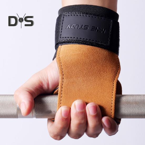 1 Pair Weight Lifting Wrist Strap Double Layer Cowhide Weightlifting Gym Gloves with Palm Pad Elastic Deadlifting Grip