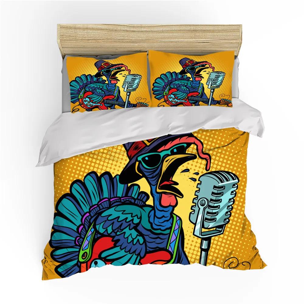 Høst Takkedag Dynetrekk King Queen Tegneserie Oransje Gresskar Kalkun Sengetøy Sett Lønneblader Mykt Polyester Dynetrekk