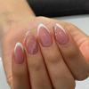 Press-On Almond French Manicure Nails: Short White Tips with Silver Glitter Stripe