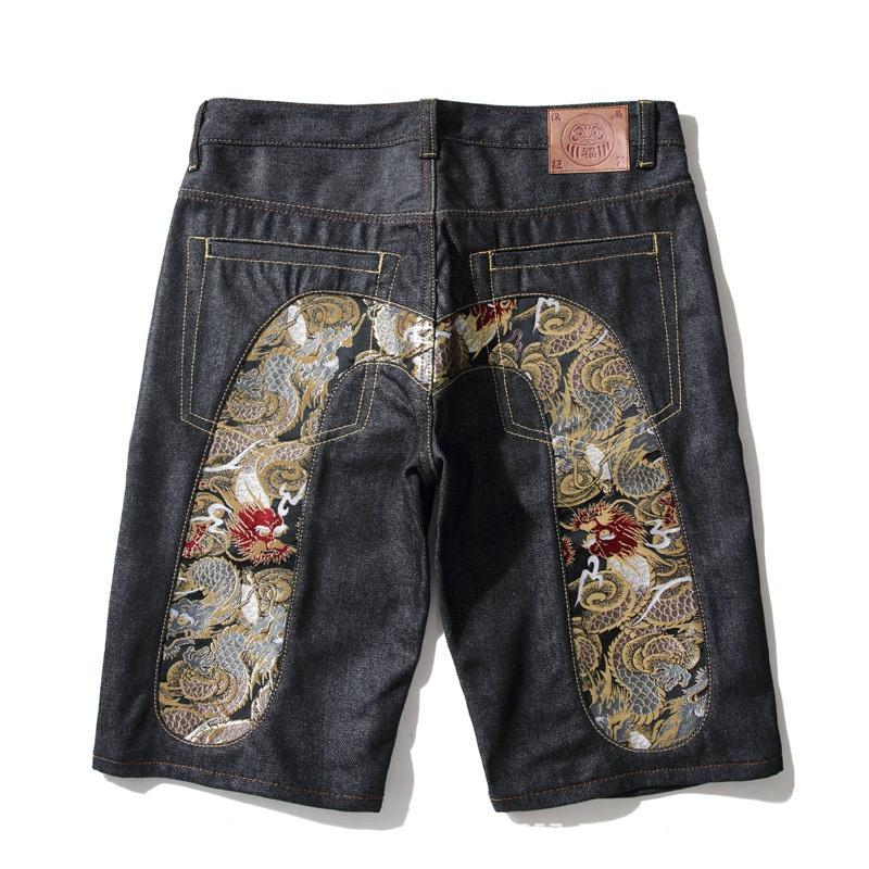 

ZYLLO Men Denim Shorts Black Hiphop Jeans Pants Cherry Blossom Dragon Totem Washed Zipper shorts XXL