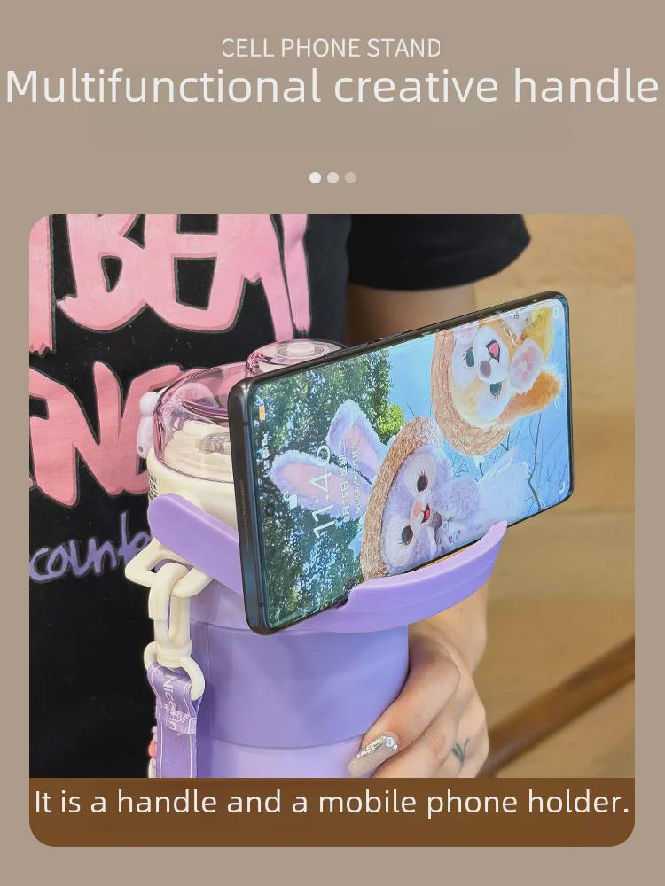 Girls' Stylish 316 Stainless Steel Thermos Cup with Straw & Crossbody Strap, Dual-Opening, 2023 Model