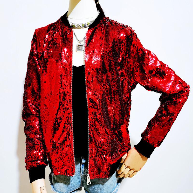 Women's Autumn Shiny Sequin Jacket Long Sleeve Front Zip Loose Coat Ribbed Cuffs Elegant Glitter Outerwear