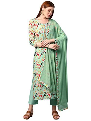 Gosriki Women'S Cotton Blend Printed Kurta And Pant With Dupatta Set (Kaleping-Pista-Nw-Gs_Xxl_Pista_Xx-Large)