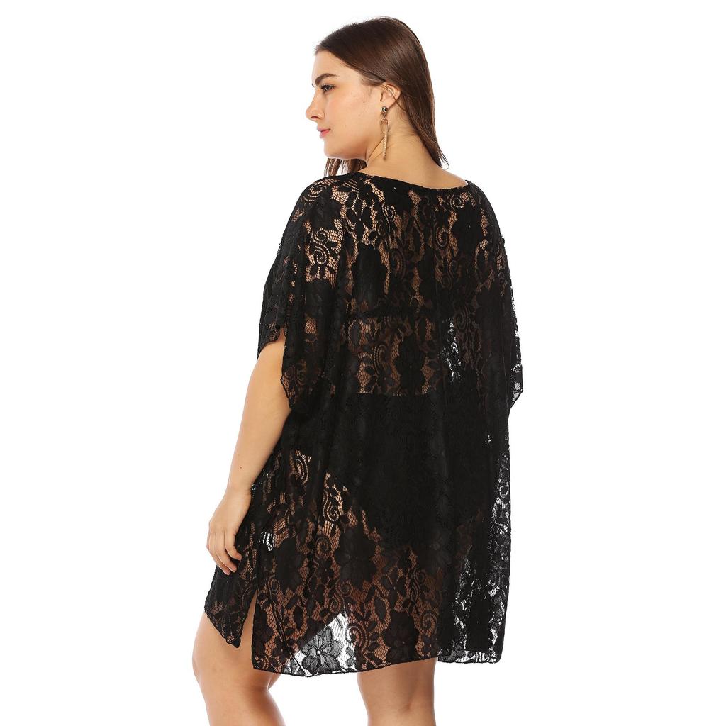 Robe de plage en dentelle pour femmes, grande taille, Sexy, ajouré, transparente, col en v, fendue, Cover-Up pour les maillots de bain