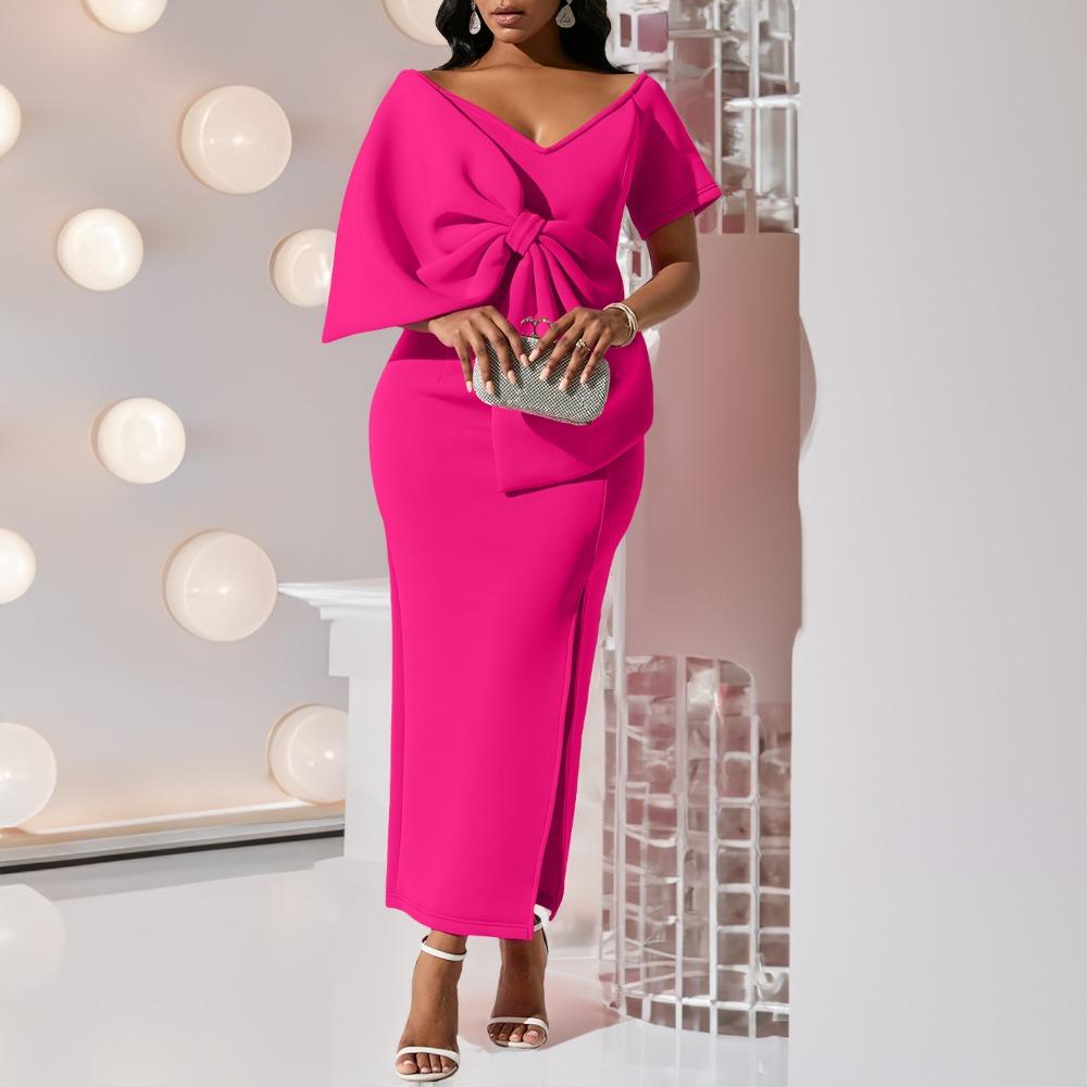 Women's V Neck Short Sleeve Maxi Dress Slim Fit High Waist Elegant Solid Color Big Bow Side Slit Bodycon Dress Party Formal Dress