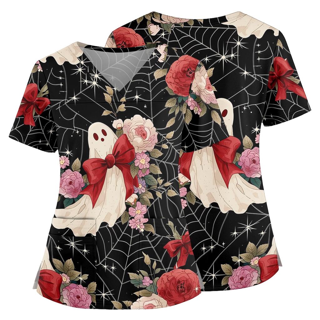 Women's Halloween Print V Neck Medical Scrub Top with Pockets Side Slits Short Sleeve Nurse Uniform Shirt for Healthcare Professionals