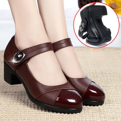 Soft Sole Comfortable Women's Spring and Autumn Shoes Breathable Buckle Mid-heel Lightweight Leather Shoes