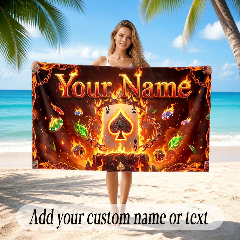 Cards Casino Theme Quick Dry Beach Towel Custom Name Text Print Large Sand Resistant Towel Beach Vacation