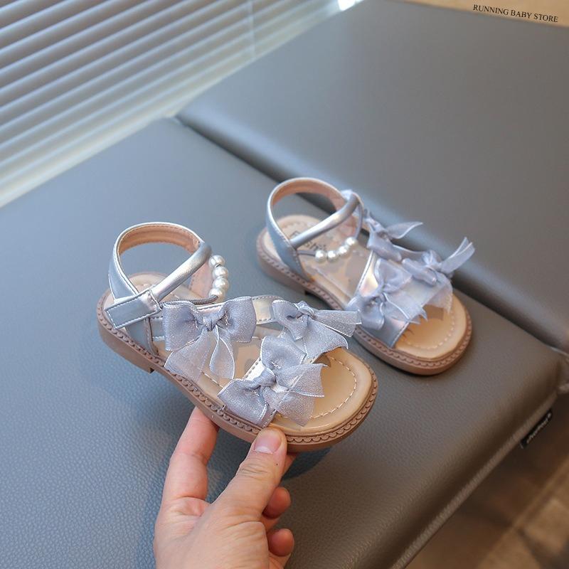

Girls Beading Strape Princess Shoes Sandals Elegant Summer Little Girls Mesh Bow-tie Children Open Toes Cooler Shoes J04101 23 серебряный