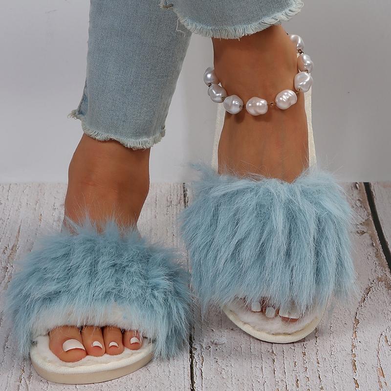 Fashion Winter Fashion Fluffy Bedroom Slippers Women Soft Plush Warm Comfy House Slippers Woman Indoor Non Slip Open Toe Faux Fur Slides